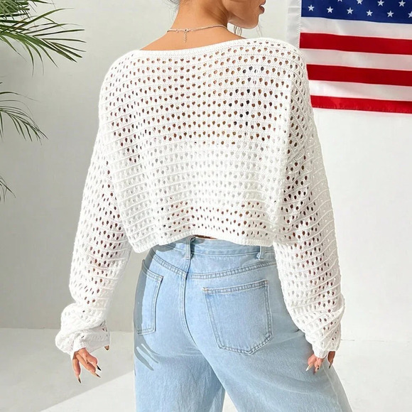 White Casual Women's Hollow Out Sweater With Flag Print Round Neck - Picture 2 of 7